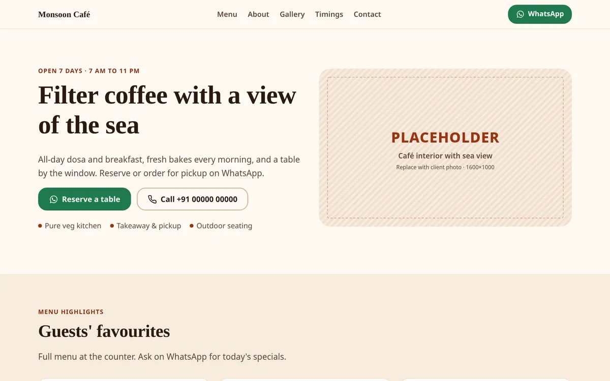 Demo café site on a laptop screen.