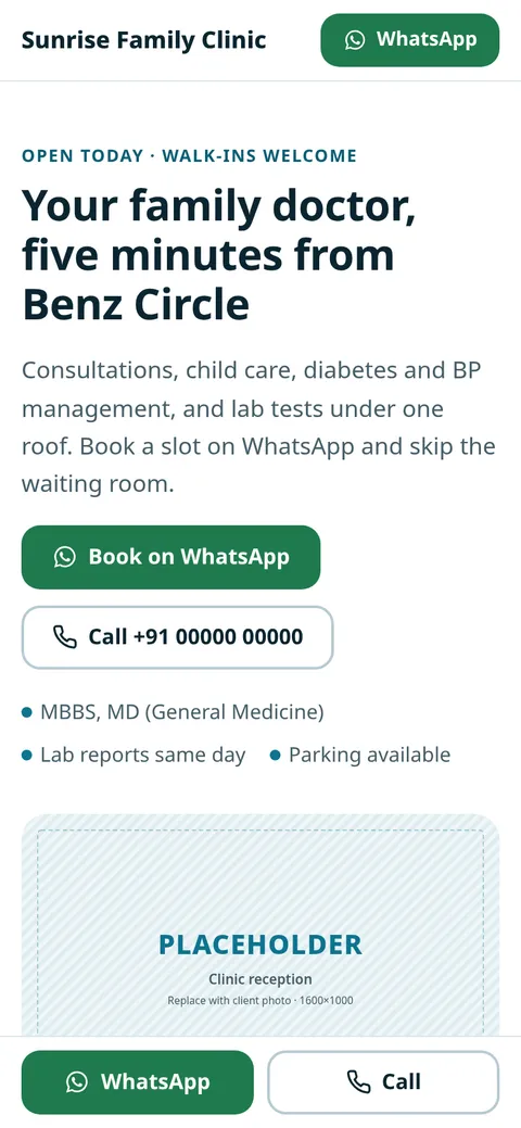 Demo clinic site on a phone: headline, WhatsApp booking button and call button.