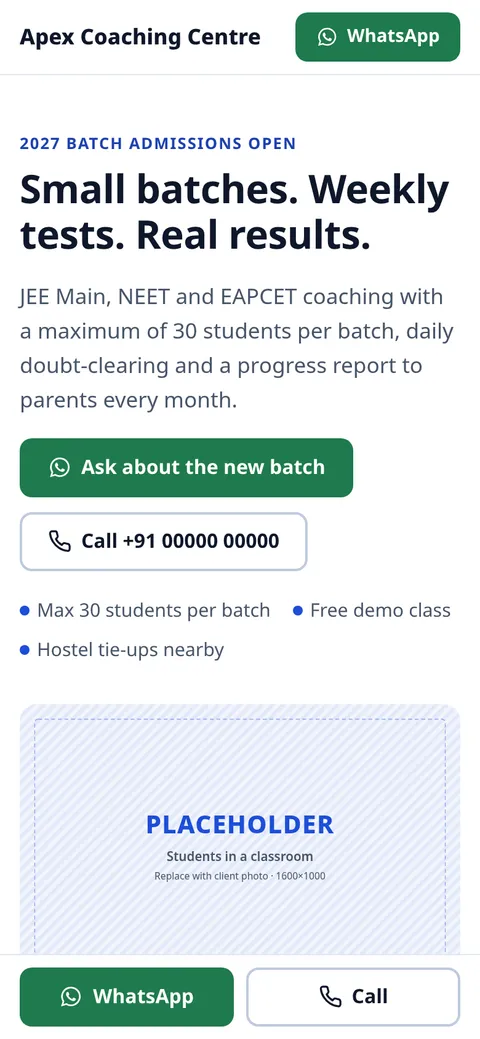 Demo coaching centre site on a phone with a demo-class call to action.