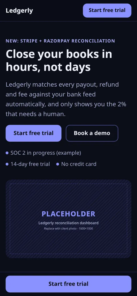 Demo SaaS landing page on a phone, dark theme, with a free-trial button.